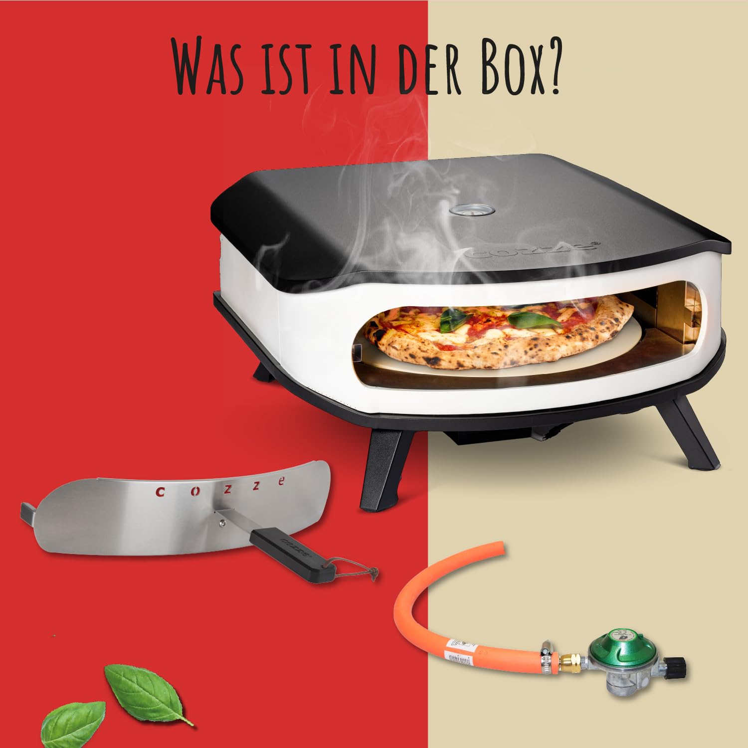 cozze® 17" Pizzaofen mit rotierendem Pizzastein | LED & Tür | 6,0 kW Gasofen 50 mbar | inkl. Regler & 1,1 m Gasschlauch | Ø42,5 cm Stein | Outdoor Pizzaofen | Perfekt für knusprige Pizzen