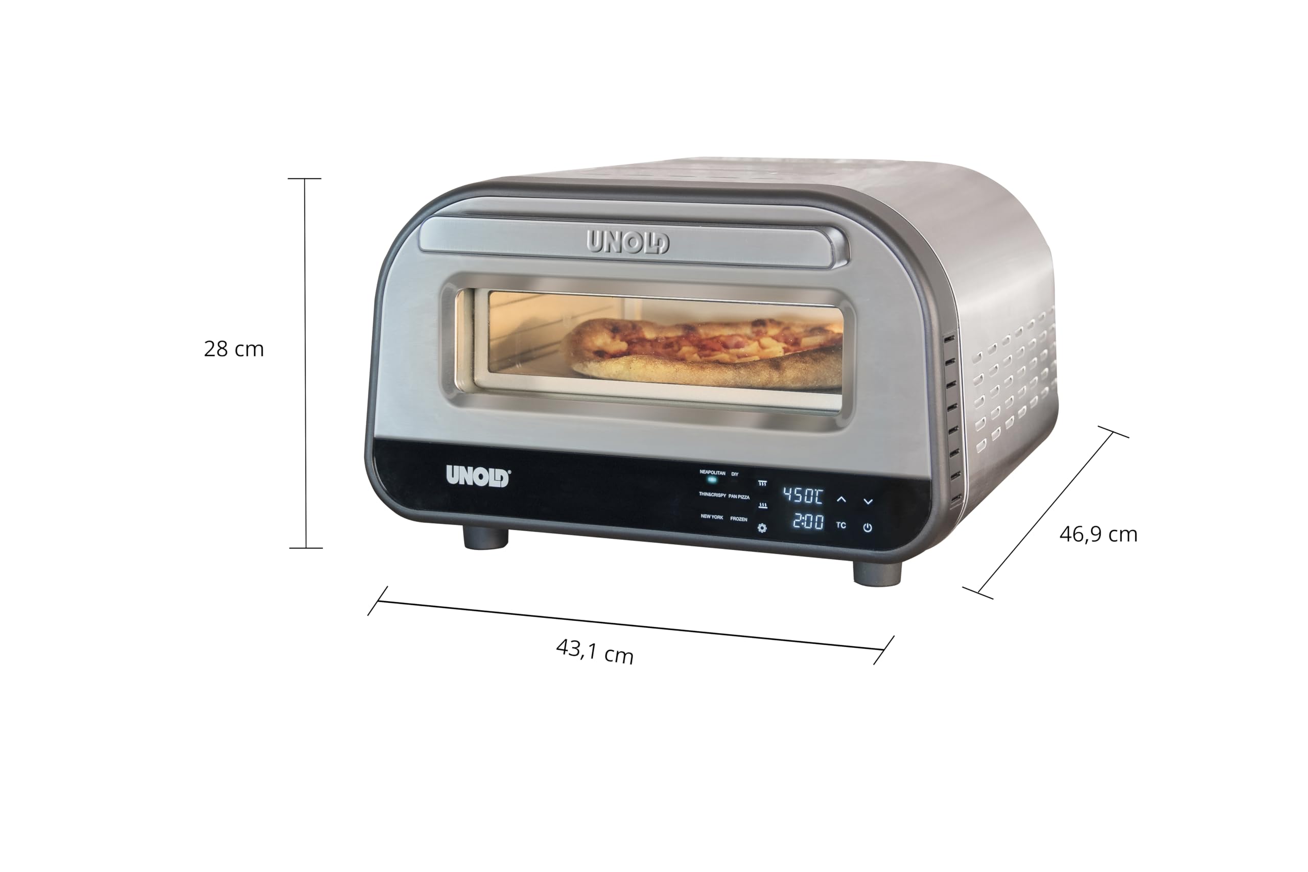 Unold Pizzaofen LUIGI 68816 | Elektrischer Pizza Ofen aus rostfreiem Edelstahl mit Pizzastein mit bis zu 450°C, nur ca. 2 Minuten Backzeit, energiesparend, 1.700 Watt