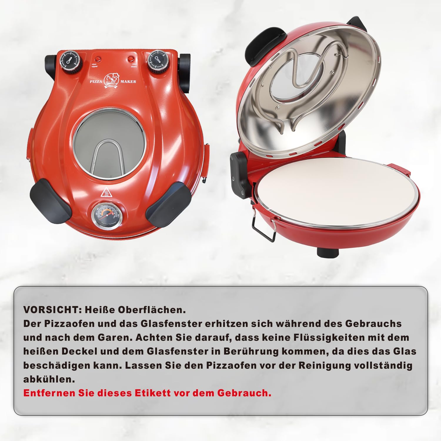 Klaif Elektrischer Pizzabäcker, 420 ℃, 1200 Watt, 5 separate Temperaturstufen, flammenbeständige Steinplatte 1200W 31 cm, rot