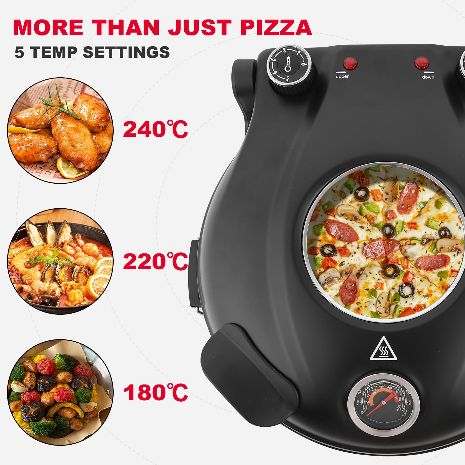 Klaif Elektrischer Pizzaofen, 420 °C, 1200 Watt, 5 Temperaturstufen separat einstellbar, Platte aus feuerfestem Stein mit 31 cm