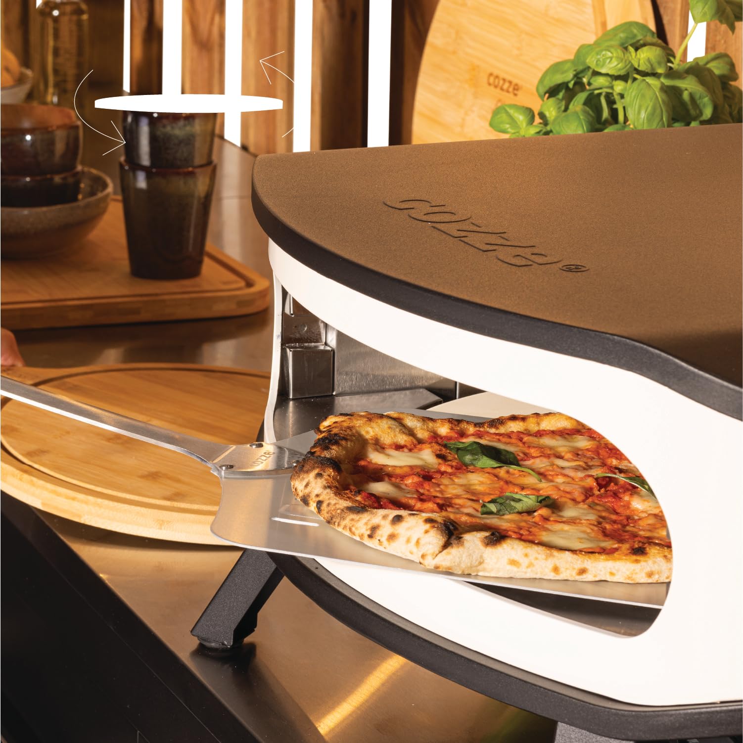 cozze® 17" Pizzaofen mit rotierendem Pizzastein | LED & Tür | 6,0 kW Gasofen 50 mbar | inkl. Regler & 1,1 m Gasschlauch | Ø42,5 cm Stein | Outdoor Pizzaofen | Perfekt für knusprige Pizzen