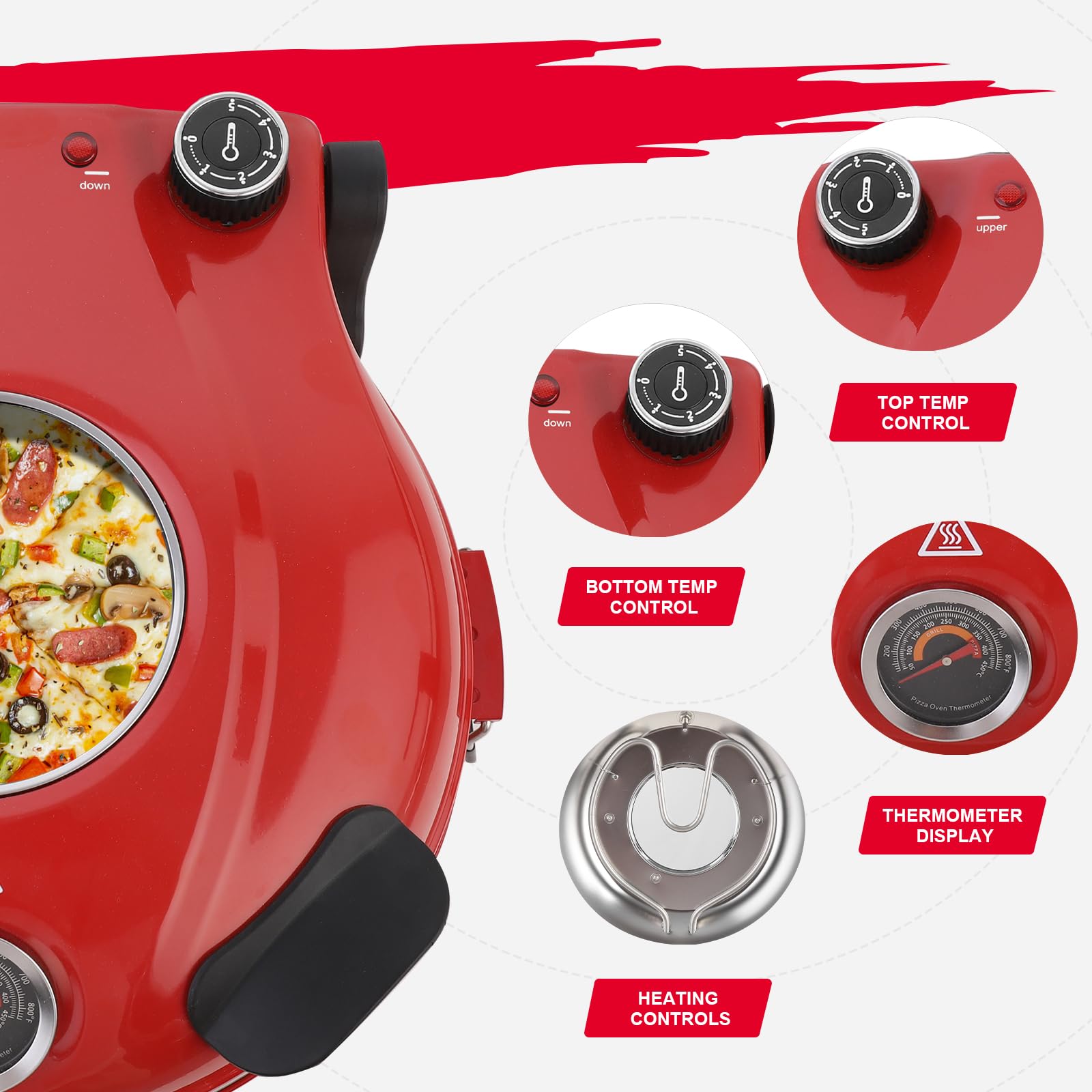 Klaif Elektrischer Pizzabäcker, 420 ℃, 1200 Watt, 5 separate Temperaturstufen, flammenbeständige Steinplatte 1200W 31 cm, rot