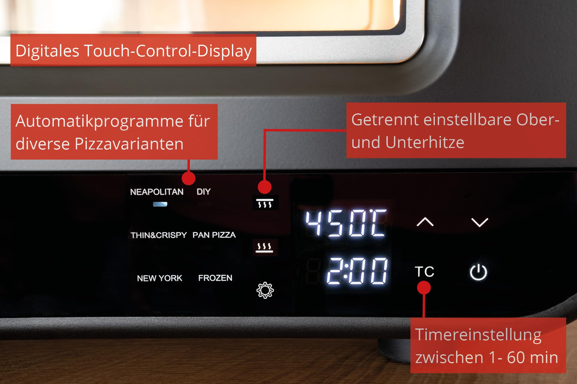 Unold 68815 PIZZAOFEN Don Luigi Sonderedition, Elektrisch 450°C, inkl. Zubehör, hitzeisoliert, gleichmäßige hitzeverteilung, Energiesparend, 2 min Backzeit, Automatikprogramme, Profi Pizza, 1.700 Watt