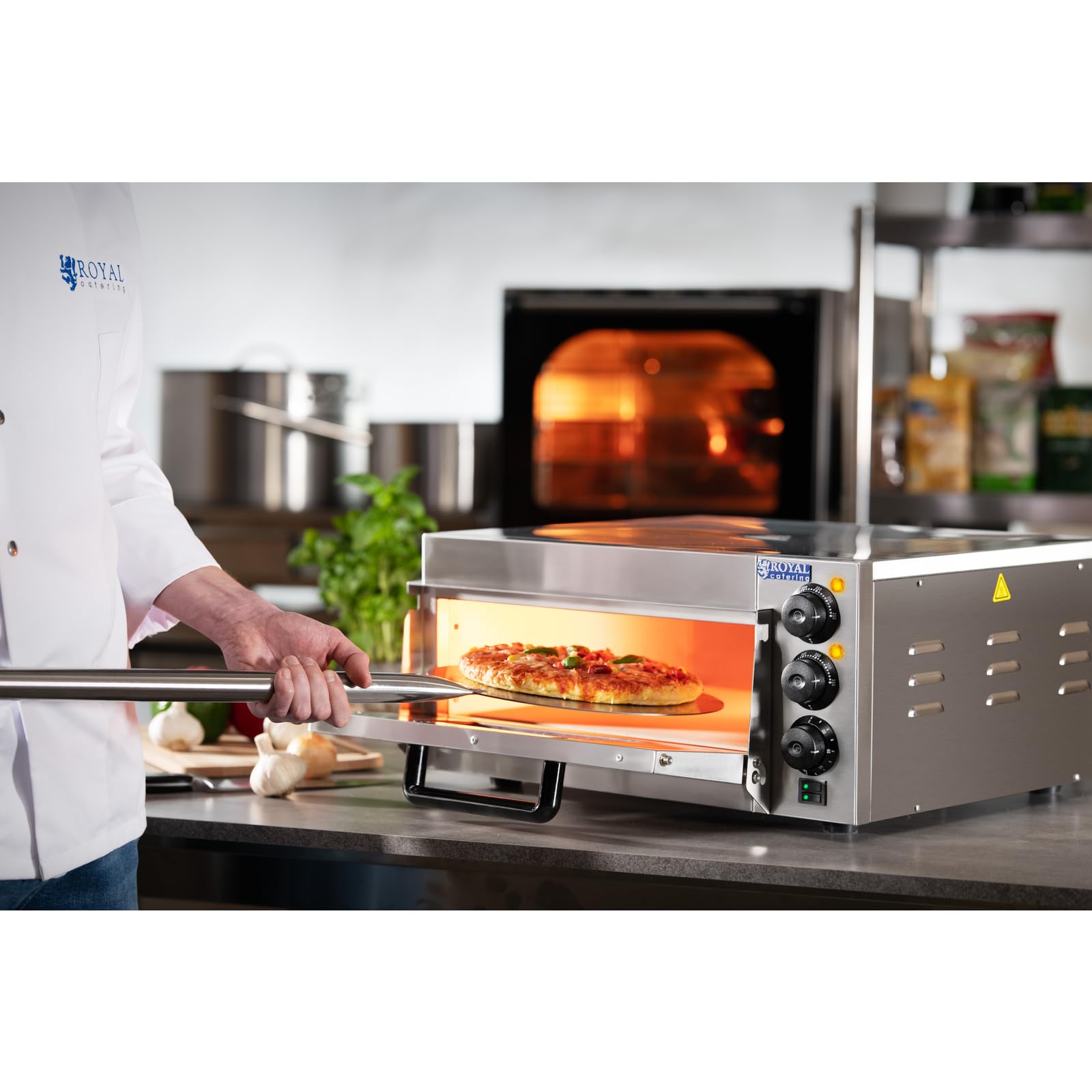 Royal Catering RCPO-2000-1PE Pizzaofen elektrisch 2000W 1 Kammer Pizzabackofen Pizza Ofen Schamotte Schamotteboden