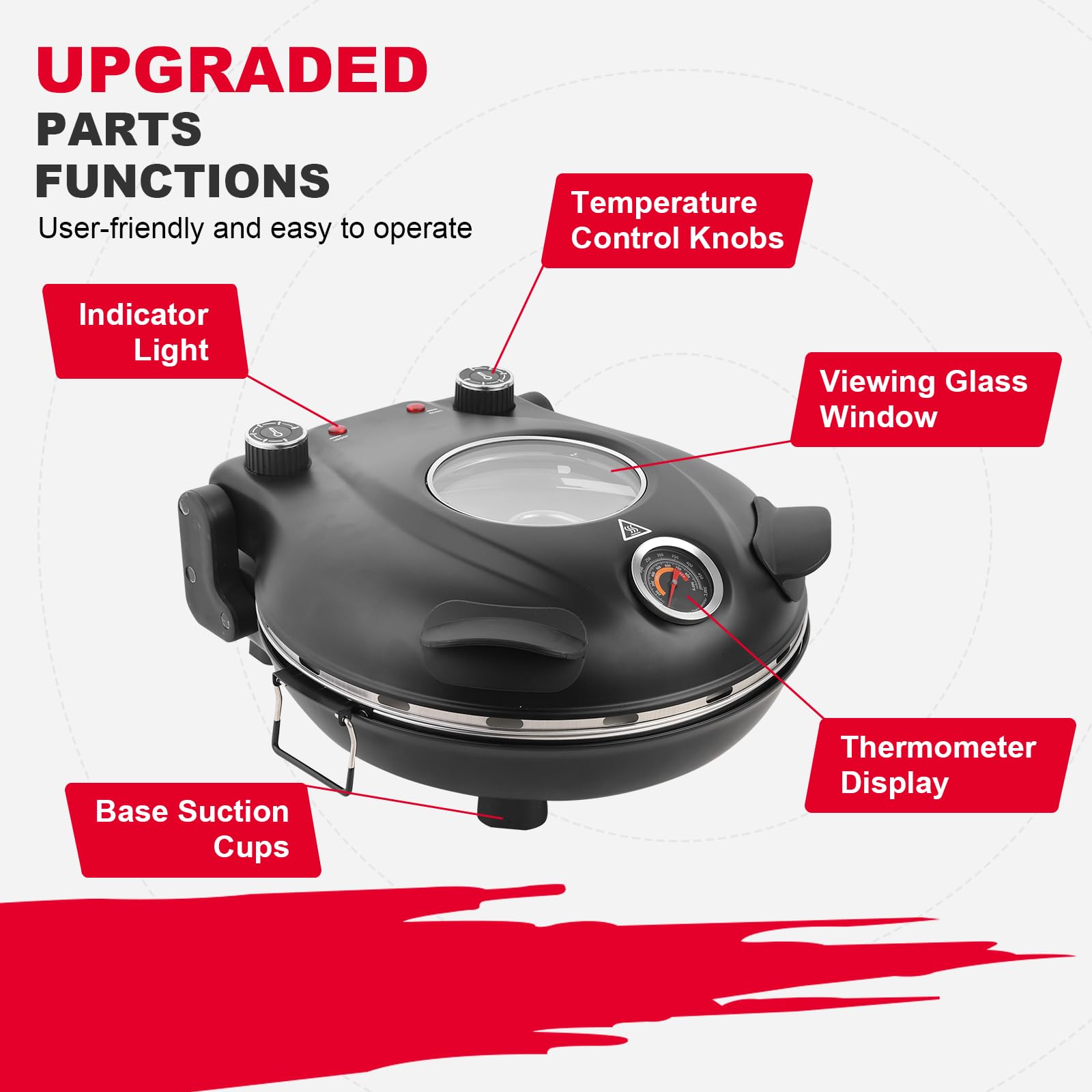 Klaif Elektrischer Pizzaofen, 420 °C, 1200 Watt, 5 Temperaturstufen separat einstellbar, Platte aus feuerfestem Stein mit 31 cm