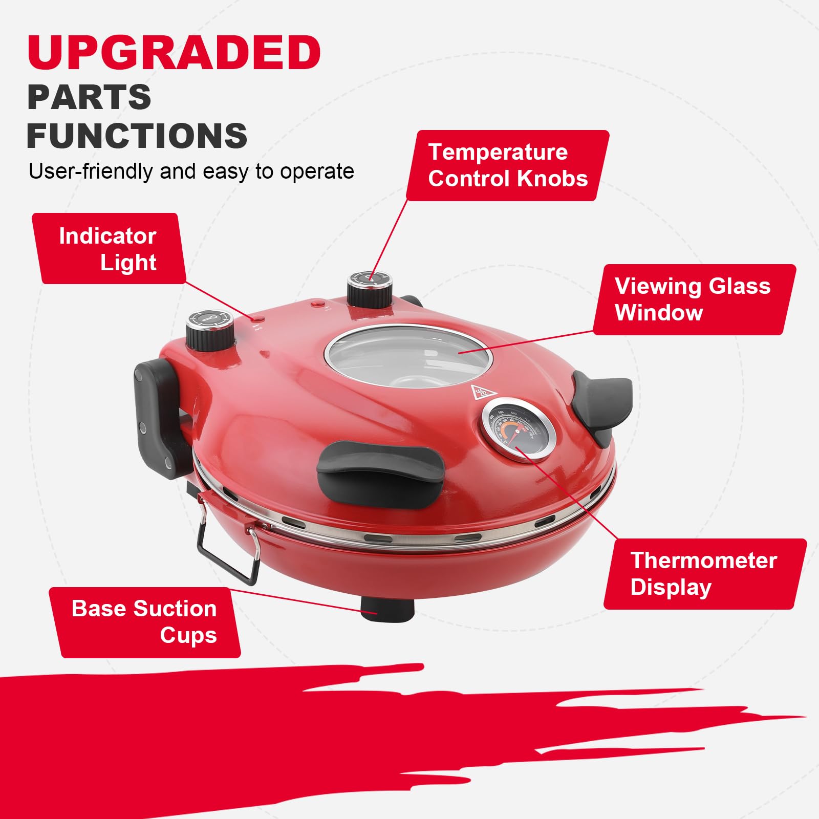 Klaif Elektrischer Pizzabäcker, 420 ℃, 1200 Watt, 5 separate Temperaturstufen, flammenbeständige Steinplatte 1200W 31 cm, rot