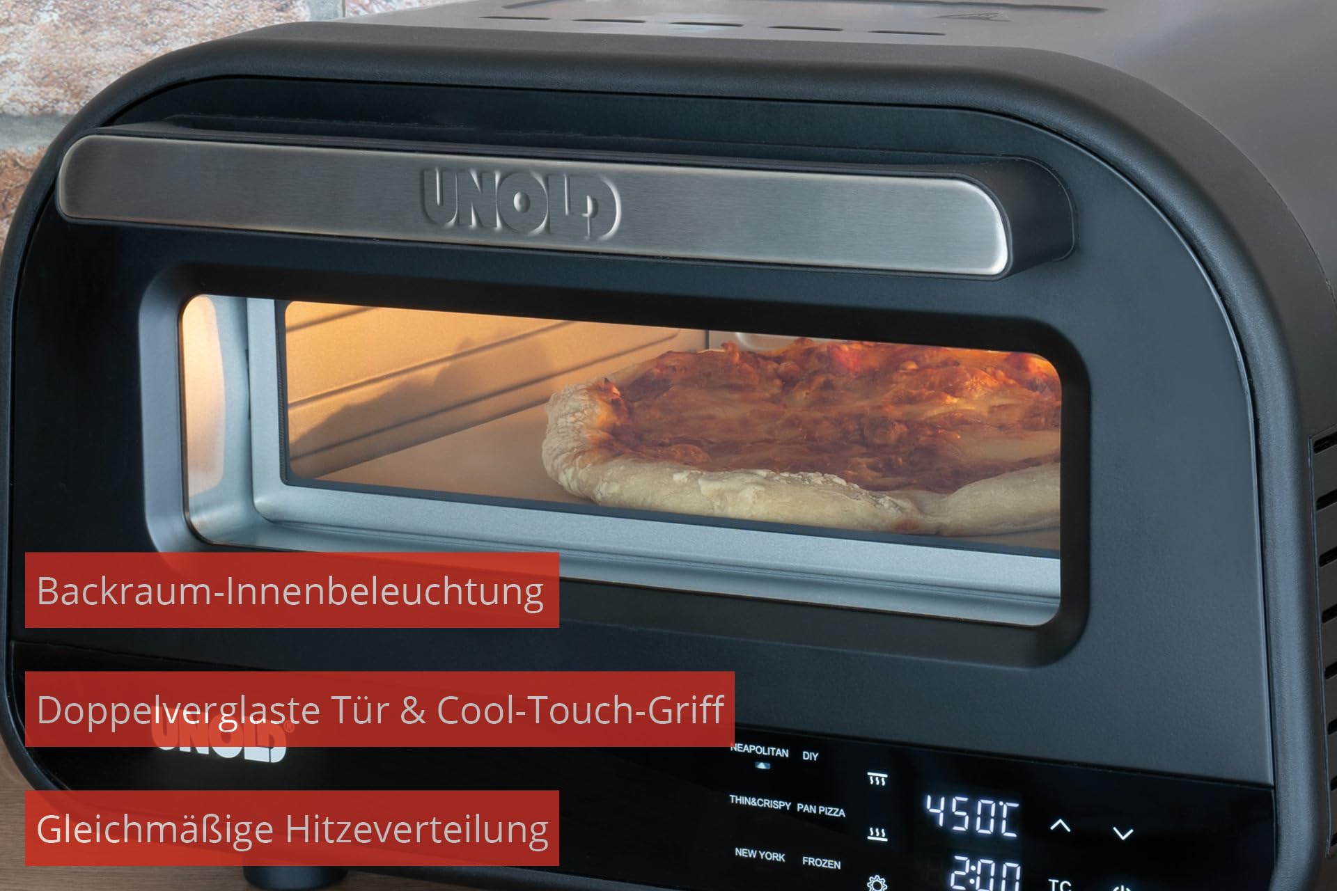 Unold 68815 PIZZAOFEN Don Luigi Sonderedition, Elektrisch 450°C, inkl. Zubehör, hitzeisoliert, gleichmäßige hitzeverteilung, Energiesparend, 2 min Backzeit, Automatikprogramme, Profi Pizza, 1.700 Watt