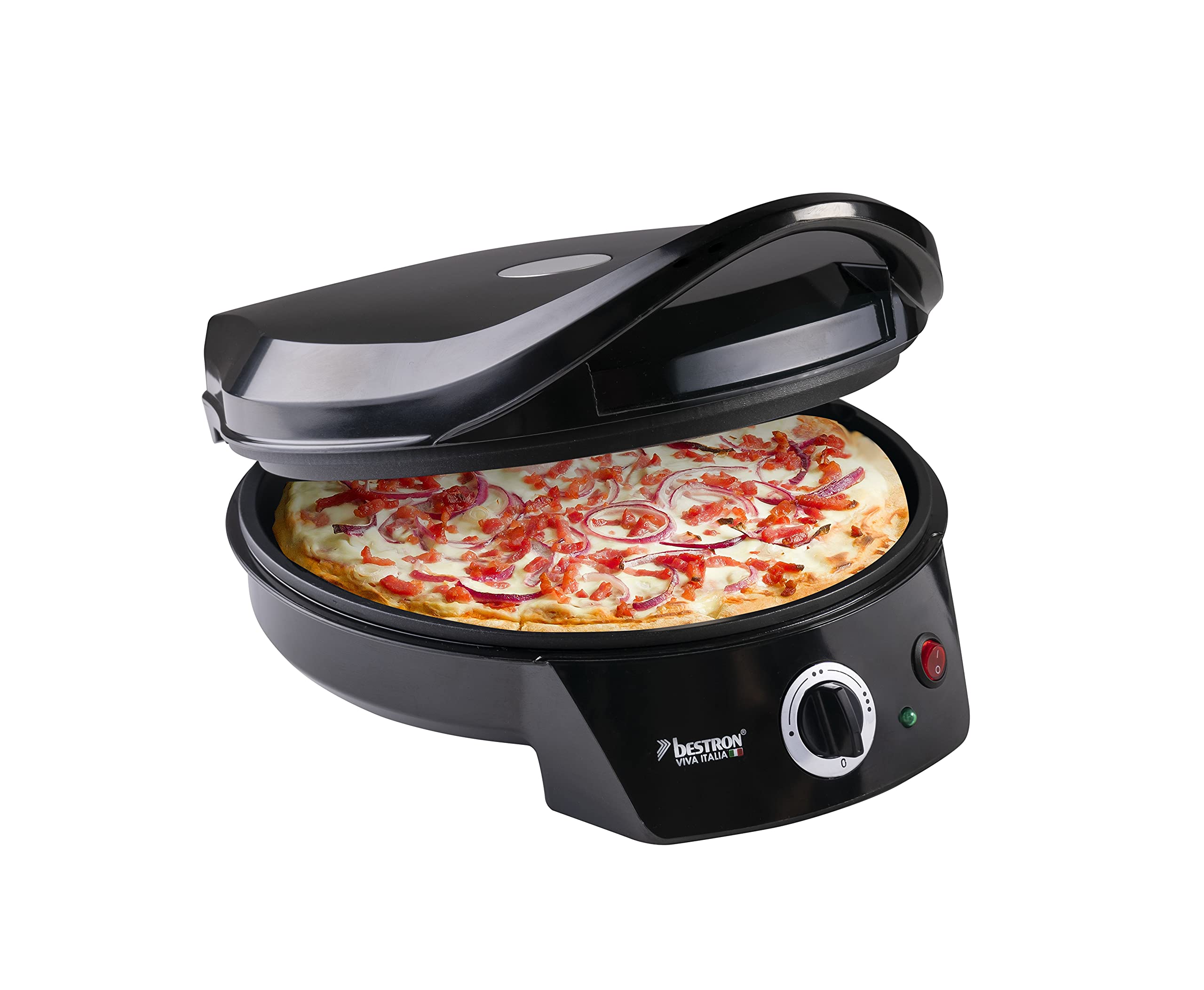 Bestron elektrischer Pizzaofen, Pizza Maker bis 230°C, mit Ober-/Unterhitze, für selbstgemachte oder Tiefkühl-Pizza, Flammkuchen, Quiche oder Wraps bis Ø 27cm, 1800 Watt, Farbe: Schwarz