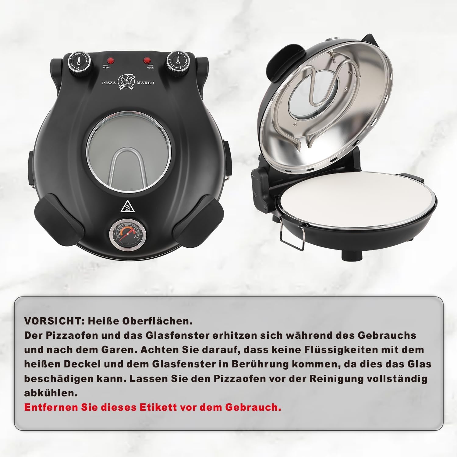 Klaif Elektrischer Pizzaofen, 420 °C, 1200 Watt, 5 Temperaturstufen separat einstellbar, Platte aus feuerfestem Stein mit 31 cm