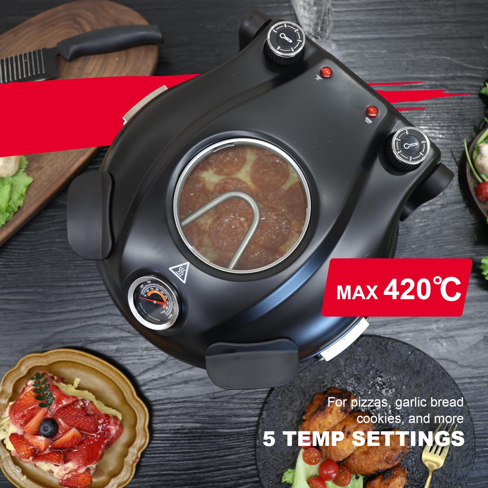 Klaif Elektrischer Pizzaofen, 420 °C, 1200 Watt, 5 Temperaturstufen separat einstellbar, Platte aus feuerfestem Stein mit 31 cm