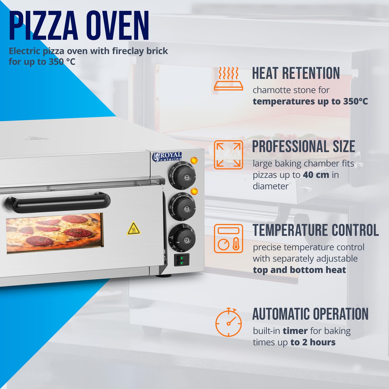 Royal Catering RCPO-2000-1PE Pizzaofen elektrisch 2000W 1 Kammer Pizzabackofen Pizza Ofen Schamotte Schamotteboden