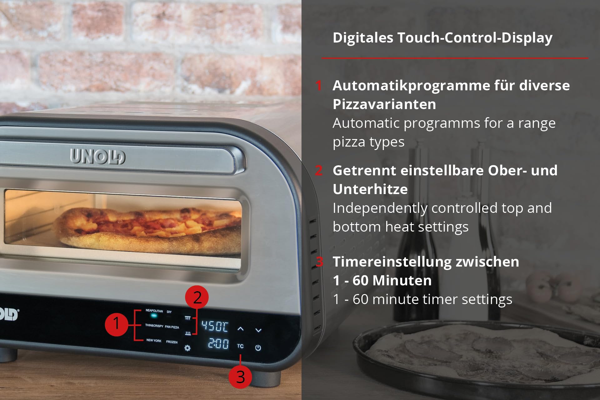 Unold Pizzaofen LUIGI 68816 | Elektrischer Pizza Ofen aus rostfreiem Edelstahl mit Pizzastein mit bis zu 450°C, nur ca. 2 Minuten Backzeit, energiesparend, 1.700 Watt