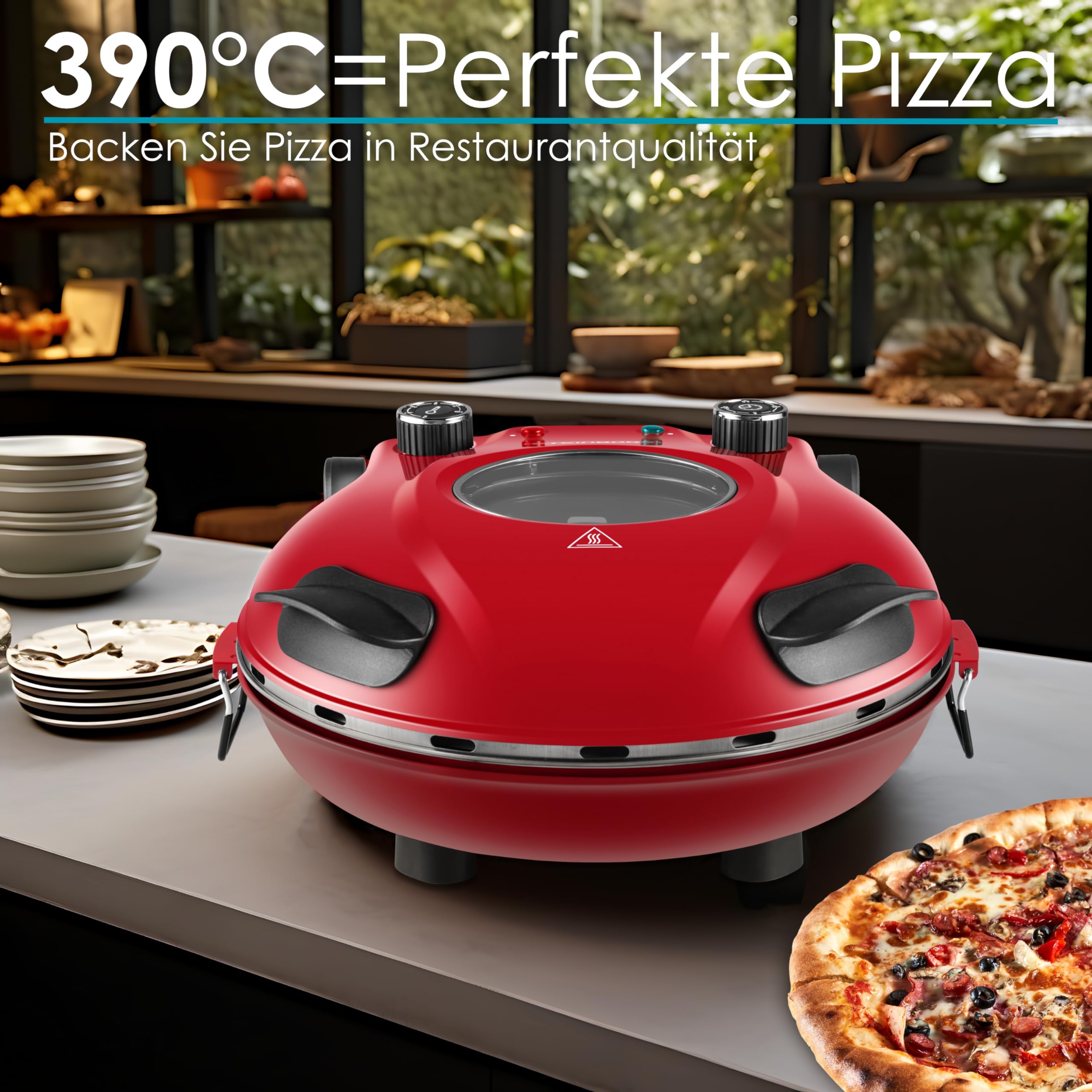 Pizzaofen elektrisch mit 32 cm Pizzastein | 390°C | Pizzabackofen | Pizza-Backstation | Elektrischer Pizzagrill | Pizzabackmaschine | Timer | 5 Stufen | 1200 Watt | Pizza Bräter | Pizzaofenherd