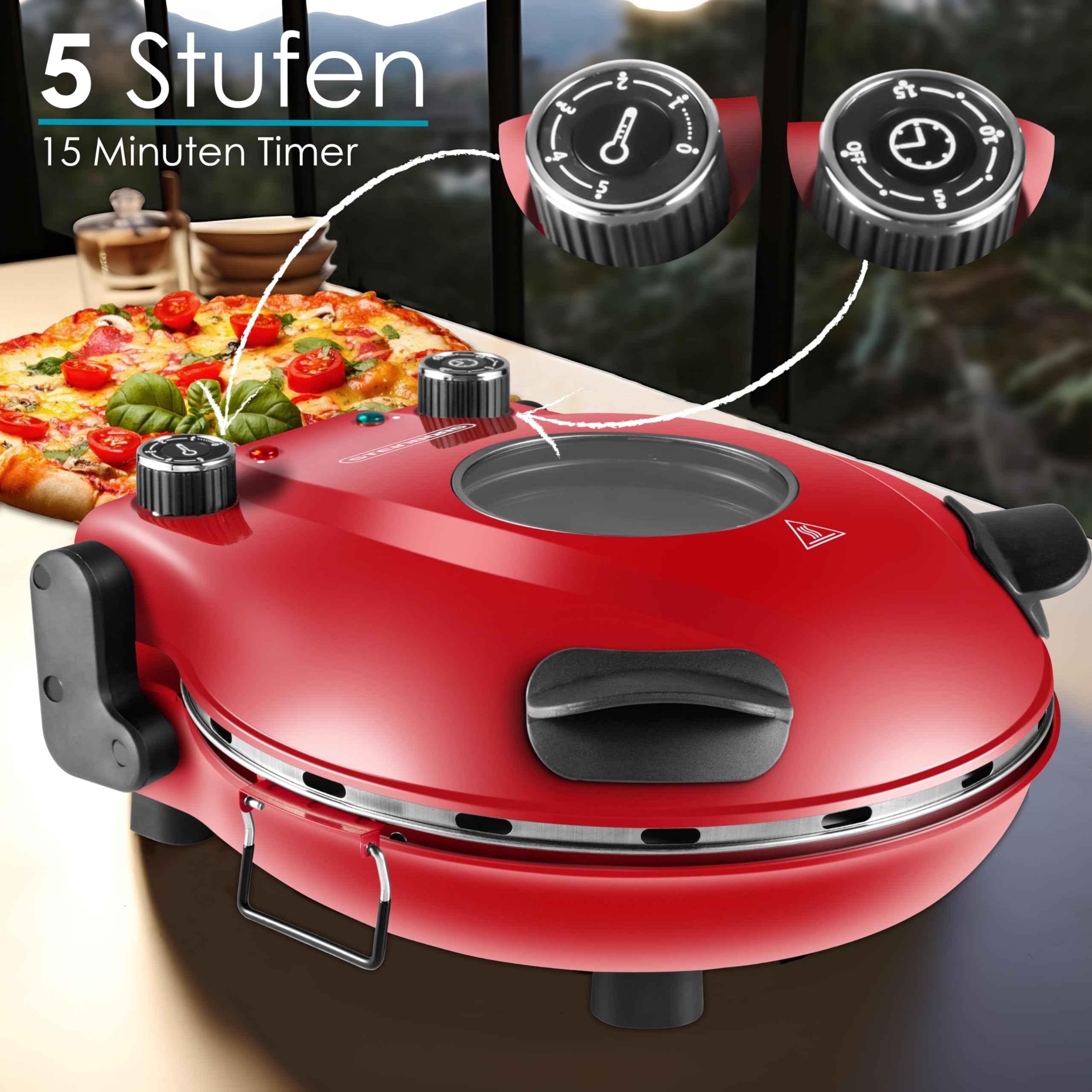 Pizzaofen elektrisch mit 32 cm Pizzastein | 390°C | Pizzabackofen | Pizza-Backstation | Elektrischer Pizzagrill | Pizzabackmaschine | Timer | 5 Stufen | 1200 Watt | Pizza Bräter | Pizzaofenherd
