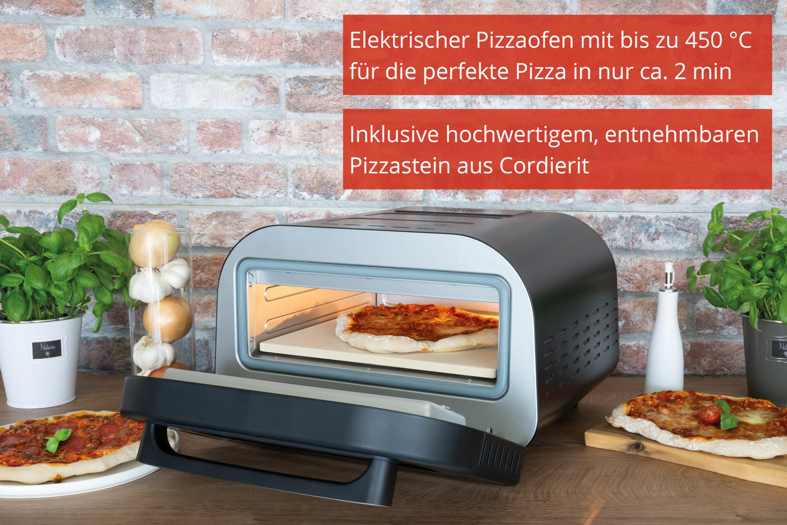 Unold 68815 PIZZAOFEN Don Luigi Sonderedition, Elektrisch 450°C, inkl. Zubehör, hitzeisoliert, gleichmäßige hitzeverteilung, Energiesparend, 2 min Backzeit, Automatikprogramme, Profi Pizza, 1.700 Watt