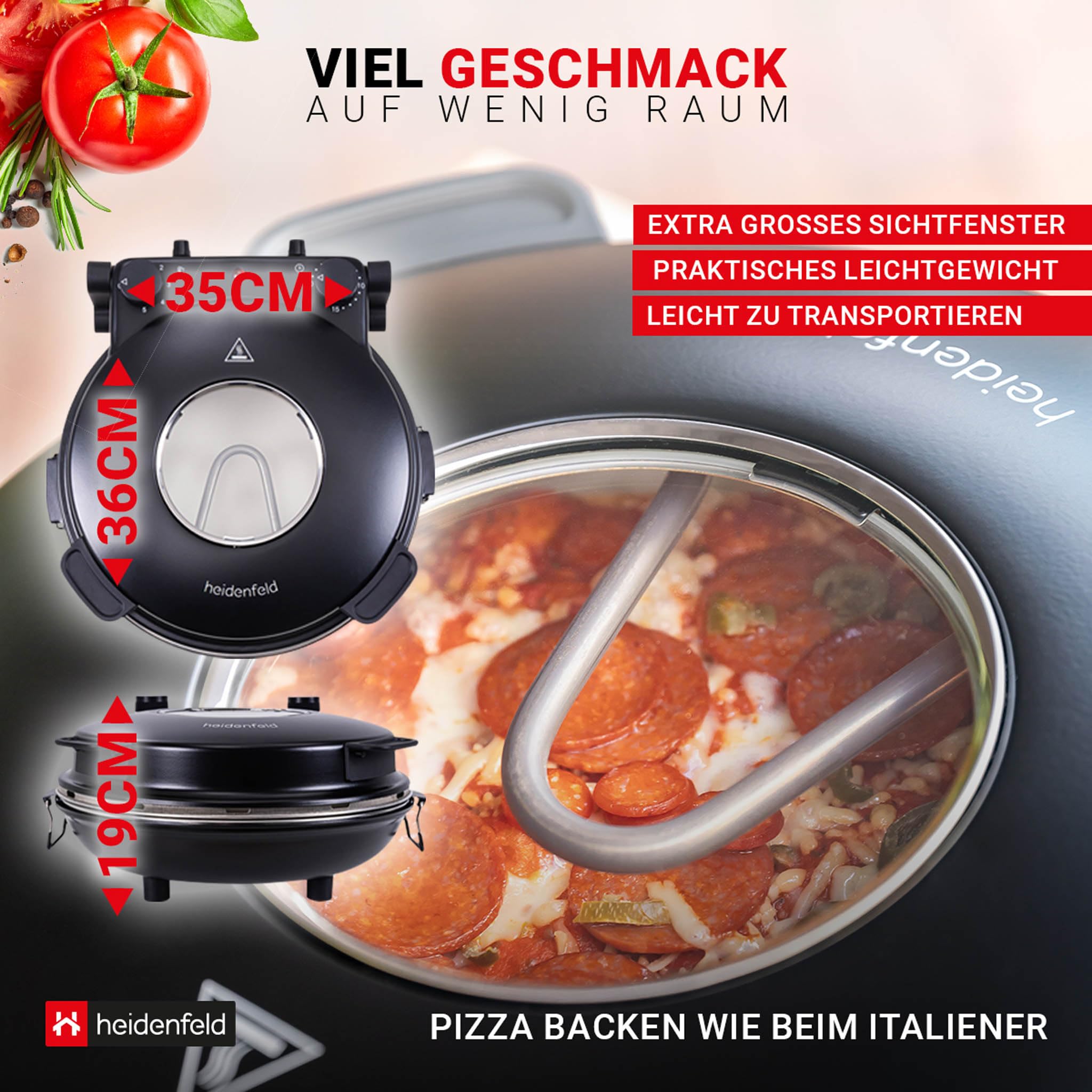Heidenfeld Pizzaofen Napoli | 1200 Watt bis 400ยฐC - Backofen - Pizzastein - Pizzaofen elektrisch - Pizza Ofen - Pizza Maker - Pizzamaker - Pizza Backofen - Elektro Pizzaofen - Elektrischer Pizza-Ofen