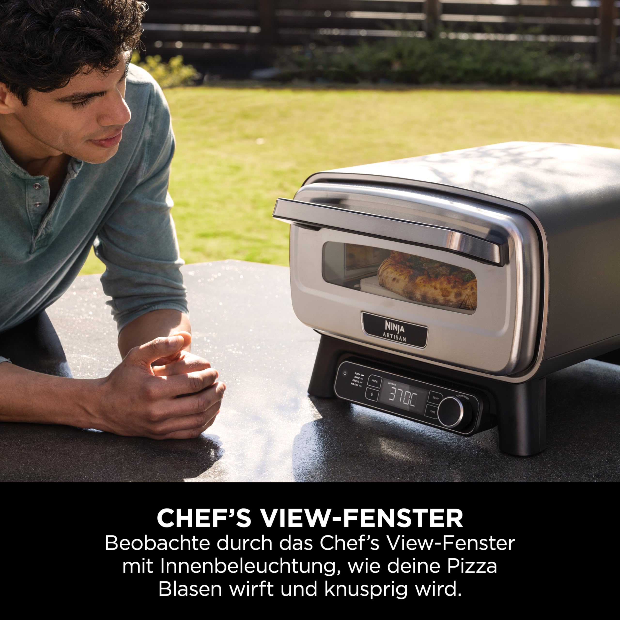 Ninja Artisan Outdoor-Pizzaofen und Heißluftfritteuse, 4 Funktionen: Pizza, Air Fry, Bake, Prove, 5 Pizzaeinst., mit 30 cm Pizzastein, Pizzaschale, Backblech, Heißluft-Fritteusen-Korb, Grau MO201EU