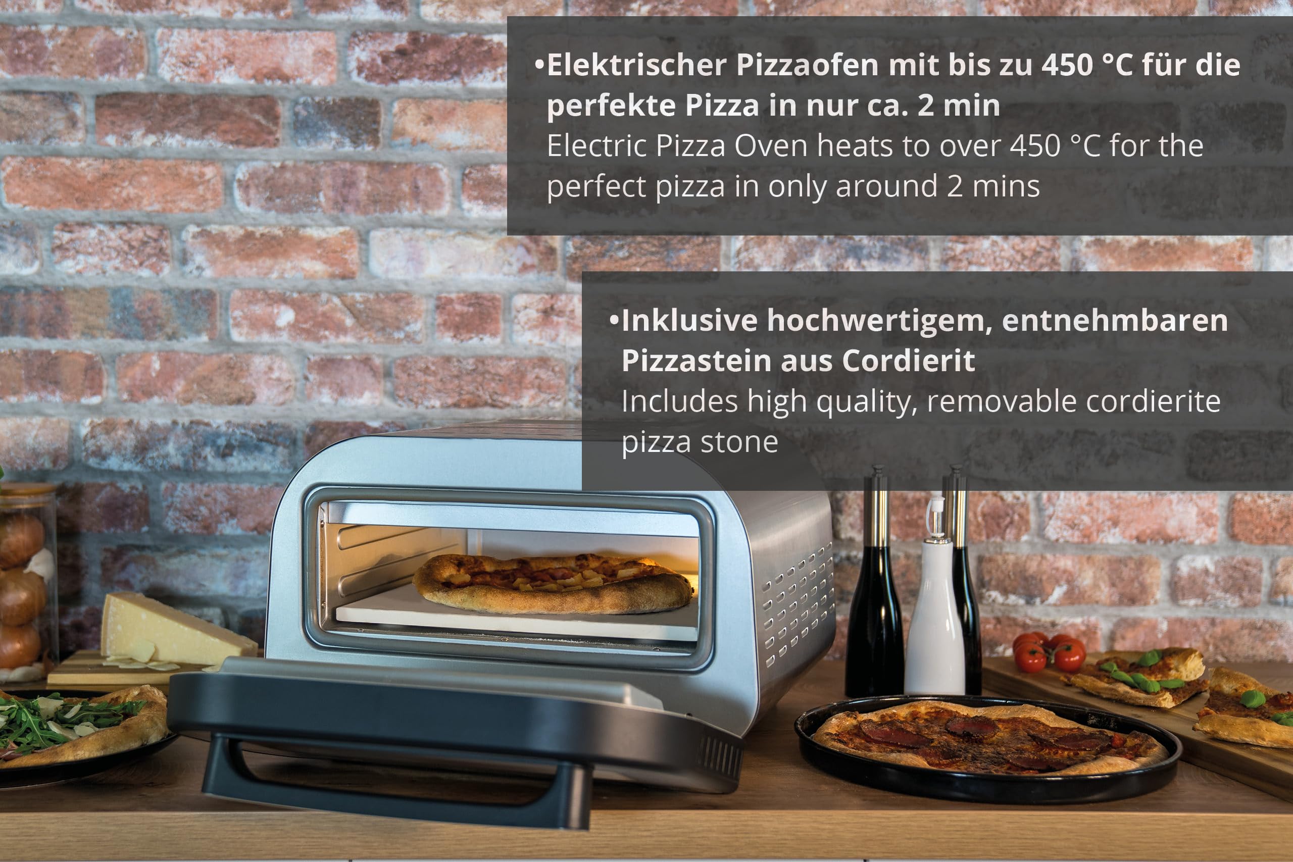 Unold Pizzaofen LUIGI 68816 | Elektrischer Pizza Ofen aus rostfreiem Edelstahl mit Pizzastein mit bis zu 450°C, nur ca. 2 Minuten Backzeit, energiesparend, 1.700 Watt