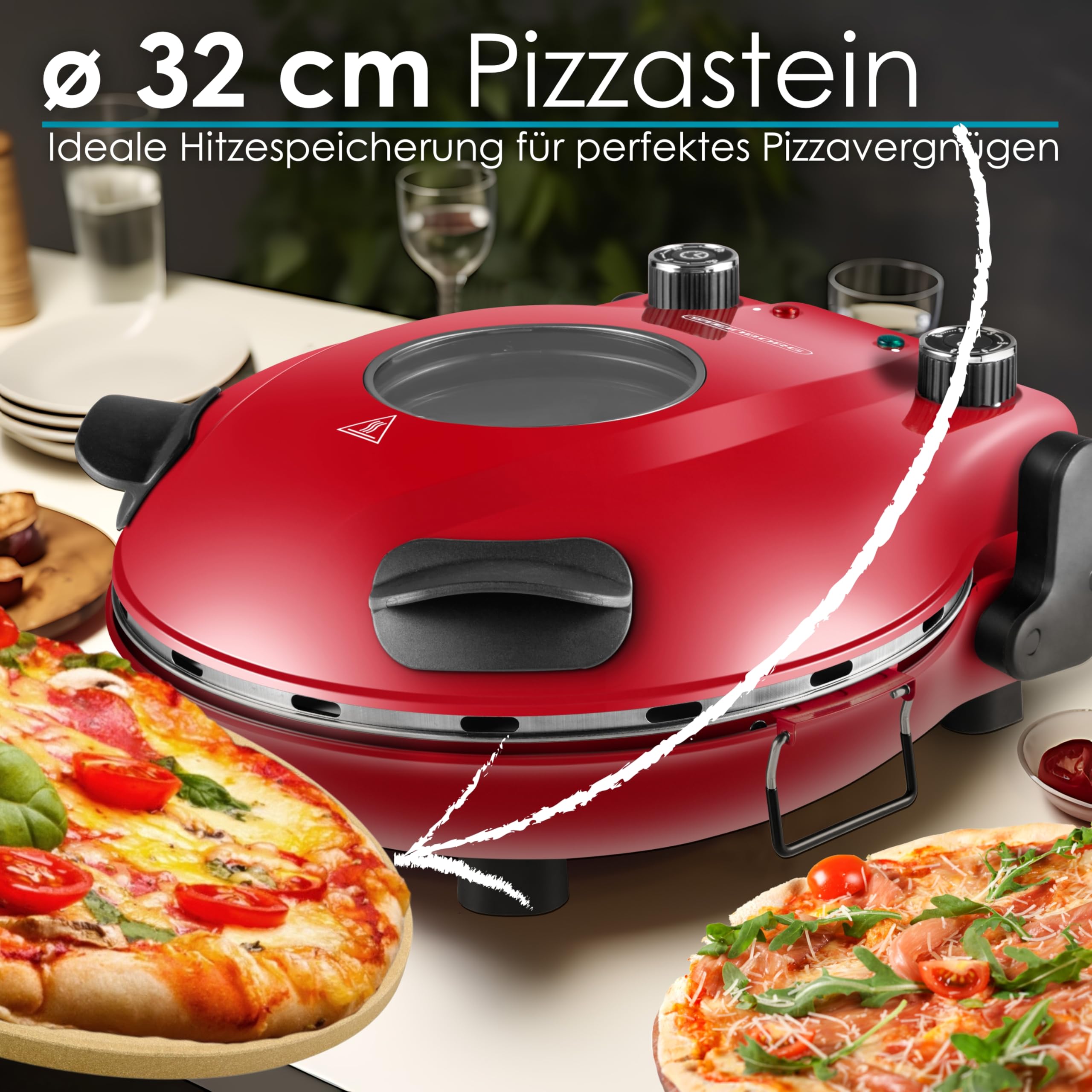 Pizzaofen elektrisch mit 32 cm Pizzastein | 390°C | Pizzabackofen | Pizza-Backstation | Elektrischer Pizzagrill | Pizzabackmaschine | Timer | 5 Stufen | 1200 Watt | Pizza Bräter | Pizzaofenherd
