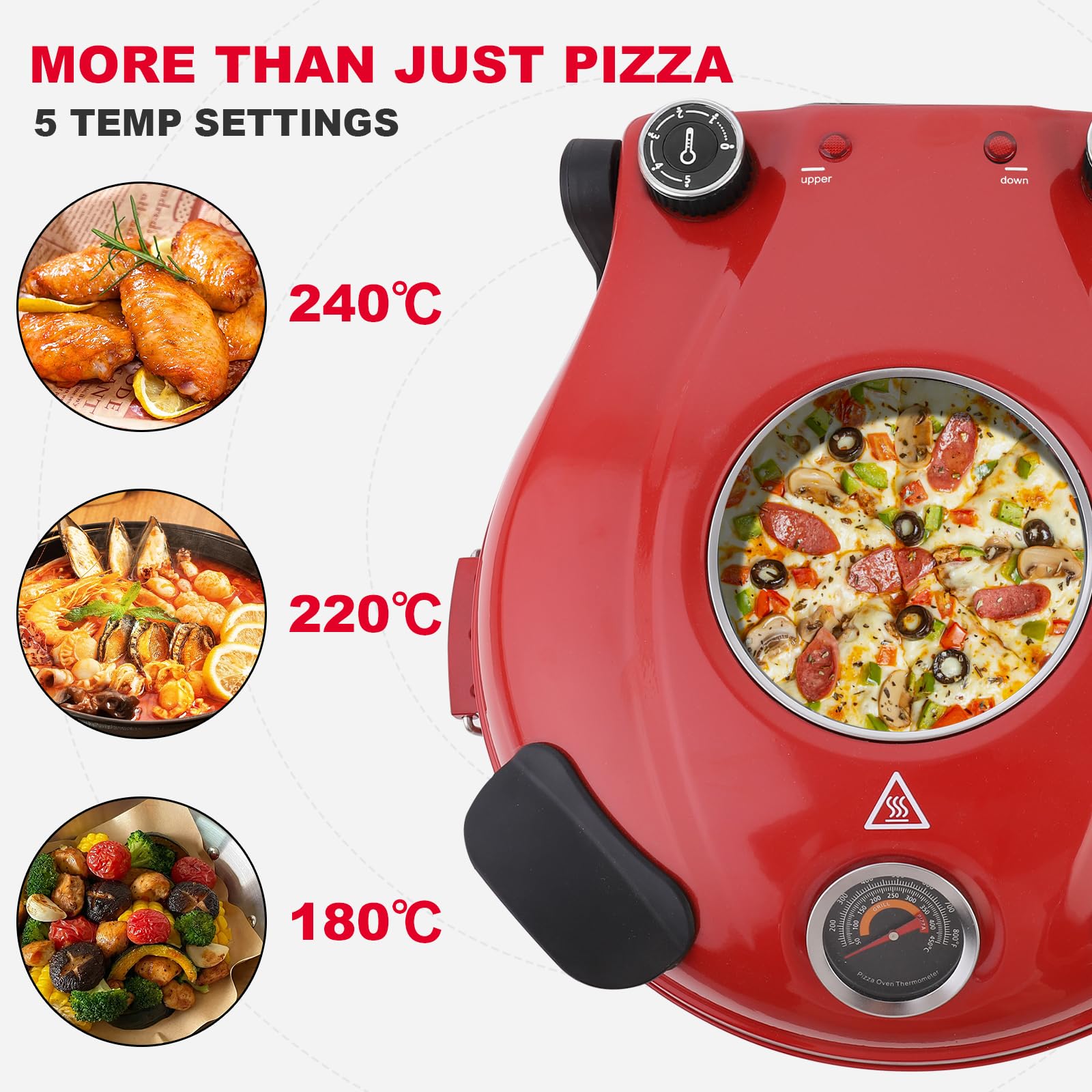 Klaif Elektrischer Pizzabäcker, 420 ℃, 1200 Watt, 5 separate Temperaturstufen, flammenbeständige Steinplatte 1200W 31 cm, rot