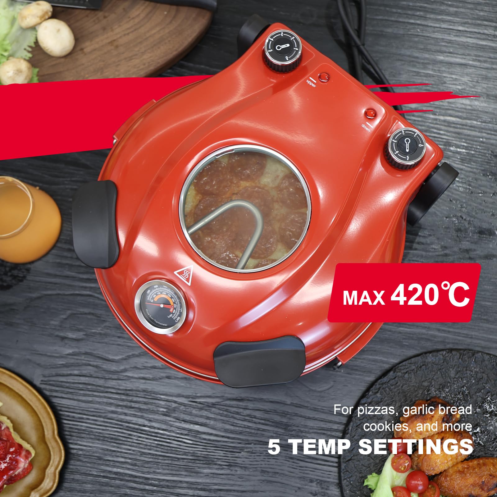 Klaif Elektrischer Pizzabäcker, 420 ℃, 1200 Watt, 5 separate Temperaturstufen, flammenbeständige Steinplatte 1200W 31 cm, rot