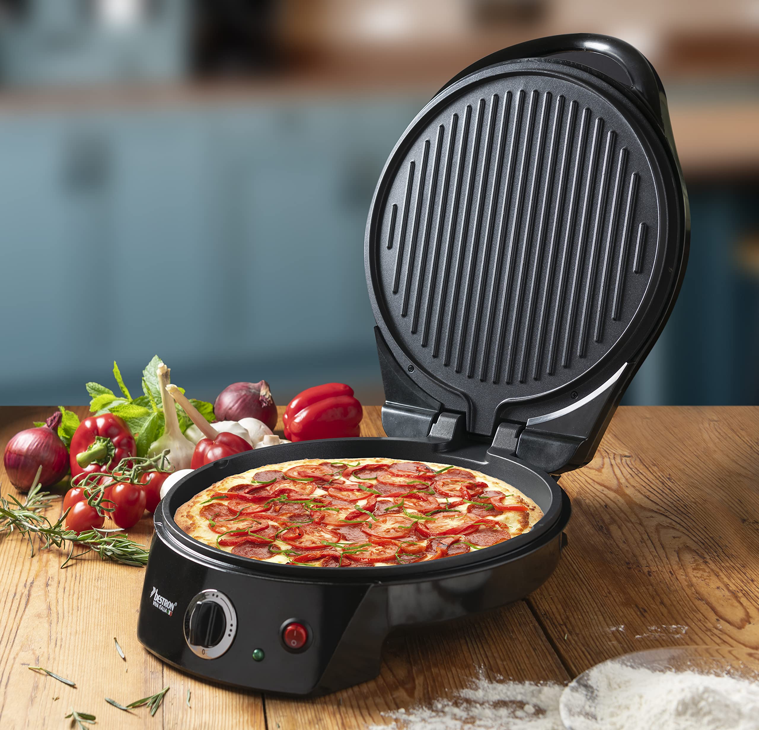 Bestron elektrischer Pizzaofen, Pizza Maker bis 230°C, mit Ober-/Unterhitze, für selbstgemachte oder Tiefkühl-Pizza, Flammkuchen, Quiche oder Wraps bis Ø 27cm, 1800 Watt, Farbe: Schwarz