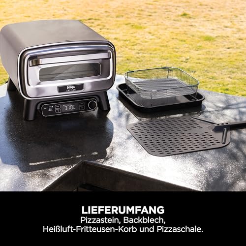 Ninja Artisan Outdoor-Pizzaofen und Heißluftfritteuse, 4 Funktionen: Pizza, Air Fry, Bake, Prove, 5 Pizzaeinst., mit 30 cm Pizzastein, Pizzaschale, Backblech, Heißluft-Fritteusen-Korb, Grau MO201EU