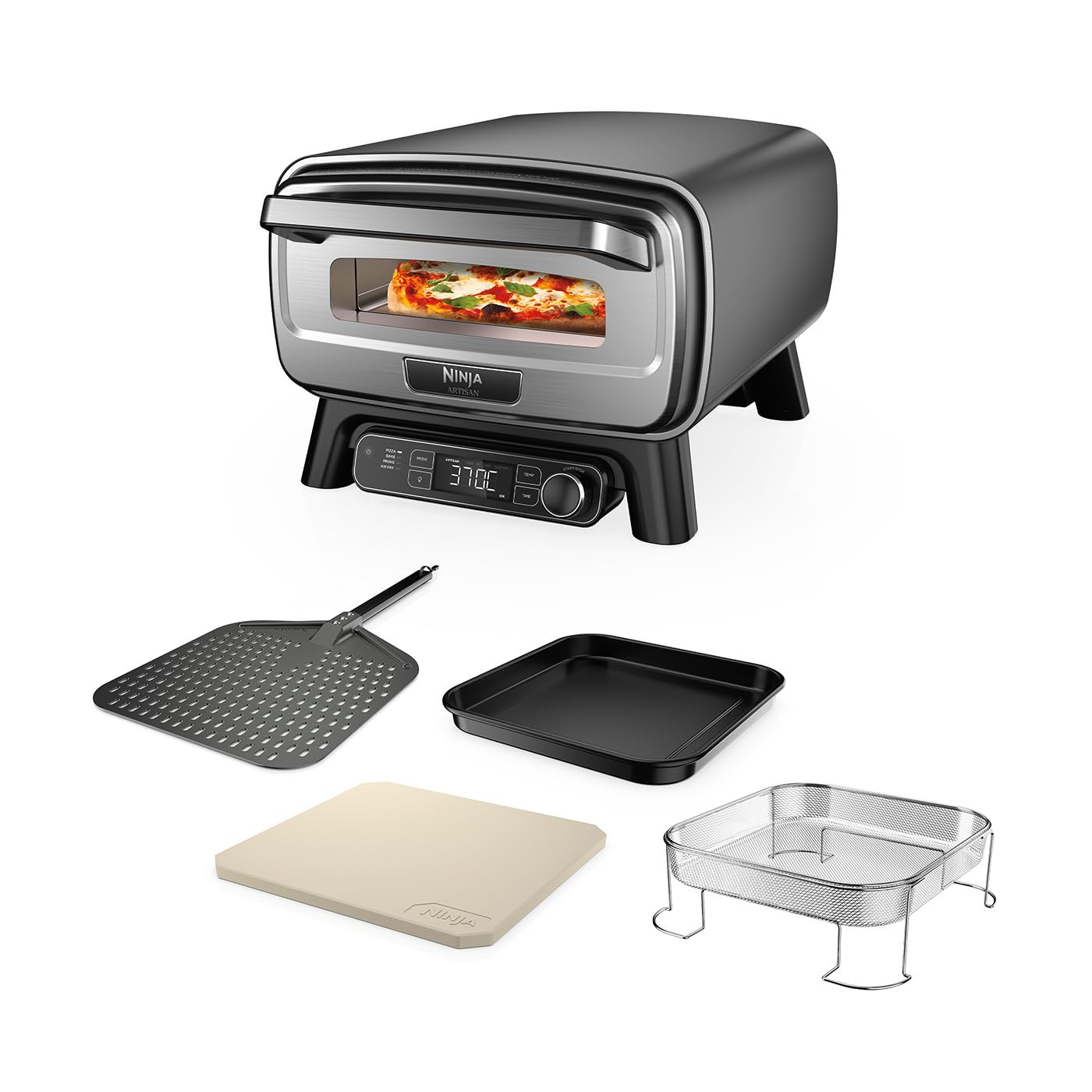 Ninja Artisan Outdoor-Pizzaofen und Heißluftfritteuse, 4 Funktionen: Pizza, Air Fry, Bake, Prove, 5 Pizzaeinst., mit 30 cm Pizzastein, Pizzaschale, Backblech, Heißluft-Fritteusen-Korb, Grau MO201EU