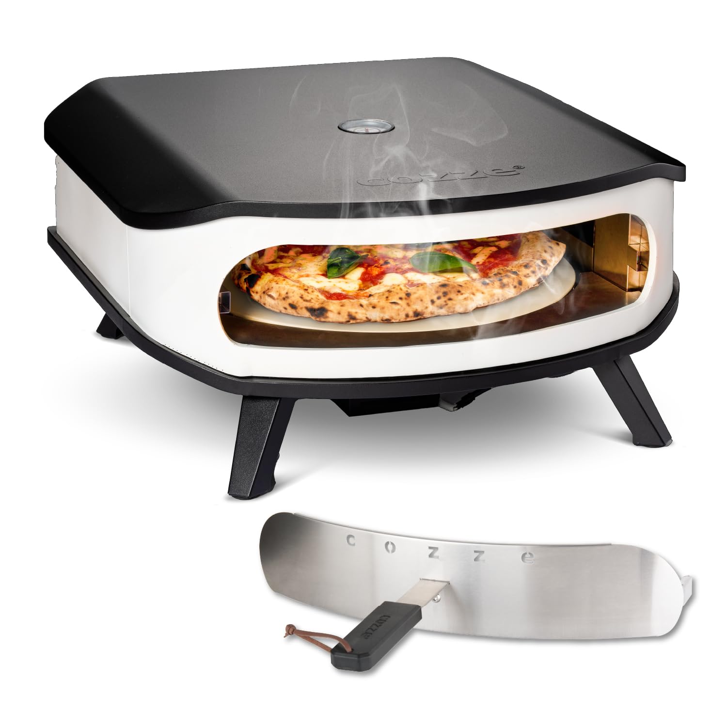 cozze® 17" Pizzaofen mit rotierendem Pizzastein | LED & Tür | 6,0 kW Gasofen 50 mbar | inkl. Regler & 1,1 m Gasschlauch | Ø42,5 cm Stein | Outdoor Pizzaofen | Perfekt für knusprige Pizzen