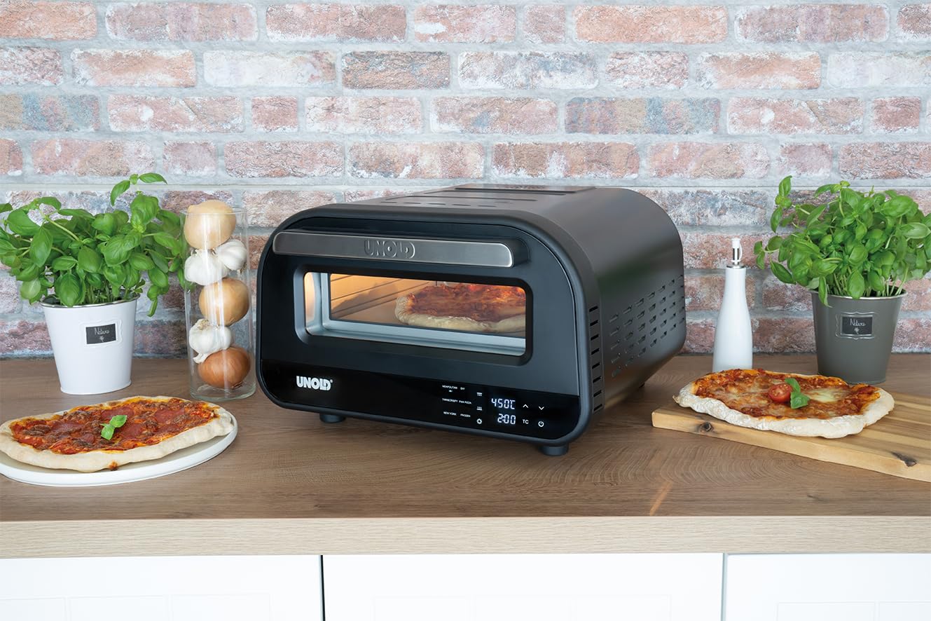 Unold 68815 PIZZAOFEN Don Luigi Sonderedition, Elektrisch 450°C, inkl. Zubehör, hitzeisoliert, gleichmäßige hitzeverteilung, Energiesparend, 2 min Backzeit, Automatikprogramme, Profi Pizza, 1.700 Watt